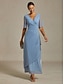 preiswerte Einfaches Kleid-Damen Maxikleid Etui-Kleid Elegant Plissiert Einfarbig Kurzarm Langarm V Ausschnitt Staubiges Blau