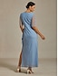preiswerte Einfaches Kleid-Damen Maxikleid Etui-Kleid Elegant Plissiert Einfarbig Kurzarm Langarm V Ausschnitt Staubiges Blau