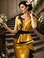 voordelige Vloerlengte-Strak kolom Tot de grond Bruiloft gast jurk Formele jurk Avondjurk Moeder van de bruid jurk Korte mouw V-hals Elegant Formeel Bruiloft gast Herfst Satijn met Geplooid Borduurwerk Appliqués