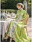 preiswerte Bodenlänge-A-Linie Bodenlang Hemdblusenkleid Kleid für Hochzeitsgäste Abendkleid Brautmutterkleid Langarm Hemdkragen Elegant Vintage Hochzeit Formell Satin mit Blumenmuster