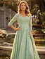 baratos Comprimento do chão-Linha A Longo Vestido de convidada de casamento Vestido formal Vestido de noite Vestido Para Mãe dos Noivos Manga 3/4 Decote V Elegante Convidado do casamento Festa de Casamento Chiffon com Miçangas