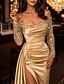 cheap Sheath Evening Dresses-Mermaid Trumpet Court Train Prom Dresses Evening Gown Ball Gown Formal Dress Sparkle &amp; Shine Sexy High Split Long Sleeve Off Shoulder Formal Wedding Guest Fall Wedding Reception Satin Sequined with