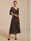 cheap Cocktail Dress-Women's Midi Dress Wrap Dress A Line Dress Elegant Daily Wedding Guest Glitter Jacquard Twisted Knot Regular Fit Paisley 3/4 Length Sleeve V Neck Black Summer Spring Fall