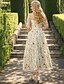 baratos Vestidos de Cocktail-Vestido Floral em A Convidada de Casamento Dia dos Namorados Chiffon até o Chá  Meia Manga Ilusória Decote Renda com Aplicações Bordadas
