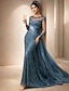 abordables Largo del piso-Corte Trompeta Sirena Cola de Corte Vestido Invitada Boda Vestido formal Vestido de noche Vestido de Madrina Manga Larga Joya Elegante Invitado a la boda Noche formal Satén elástico con Encaje