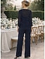 baratos Terninhos de calça da mamãe-Macacão de comprimento de coluna para mãe da noiva vestido de manga longa decote quadrado elegante convidada de casamento renda com cor sólida