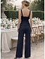 baratos Terninhos de calça da mamãe-Macacão de comprimento de coluna para mãe da noiva vestido de manga longa decote quadrado elegante convidada de casamento renda com cor sólida