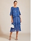 billige Chiffon skjørt-Dame Elegant Midi Medium Midje Skjørt Blomstret Multi Layer Elastisk midje Illusjonsblonder Elastisk Daglig Valentinsdag Wedgewood Sommer