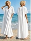 abordables Vestidos-Vestido largo estilo bohemio de algodón y lino con escote en V, color liso, corte holgado y bajo asimétrico, ideal para la playa.