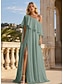 baratos Vestidos Longos &amp; Gowns-Linha A Longo Vestidos de baile Elegante Sem Manga Assimétrico Formal Convidado do casamento stretch chiffon com Fru-Fru Fenda