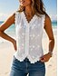 baratos Tops de Renda-Mulheres Top de emenda de renda Bordado Botões Vintage Sem Manga Decote V Tops regulares Branco Verão Primavera