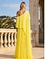 baratos Vestidos Longos &amp; Gowns-Linha A Longo Vestidos de baile Elegante Sem Manga Assimétrico Formal Convidado do casamento stretch chiffon com Fru-Fru Fenda