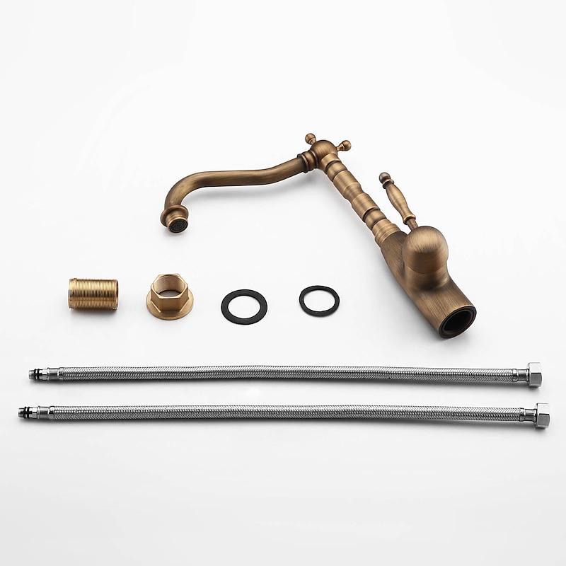 Kitchen Sink Mixer Faucet Traditional, 360 Rotating Kitchen Vessel Taps Antique Brass Retro Style Single Handle One Hole with Hot and Cold Water Hose3