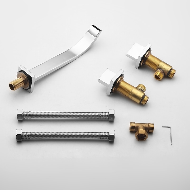 Wall Mounted Bathroom Sink FaucetSilvery Widespread Chrome Two Handles Three Holes Bath Taps with Hot and Cold Water3