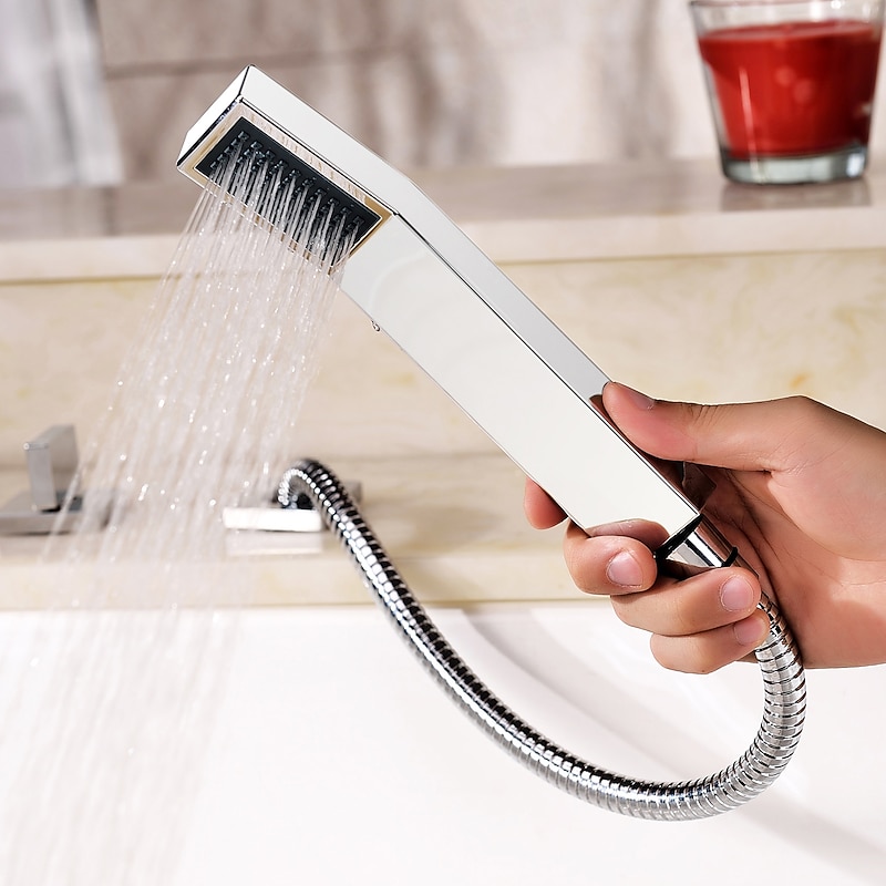 Bathtub Faucet Deck Mounted, Bathroom Faucet Bath Roman Tub Filler Mixer Tap Brass with Handheld, 5 Hole 3 Handle Sprayer with Cold Hot Water Hose 8