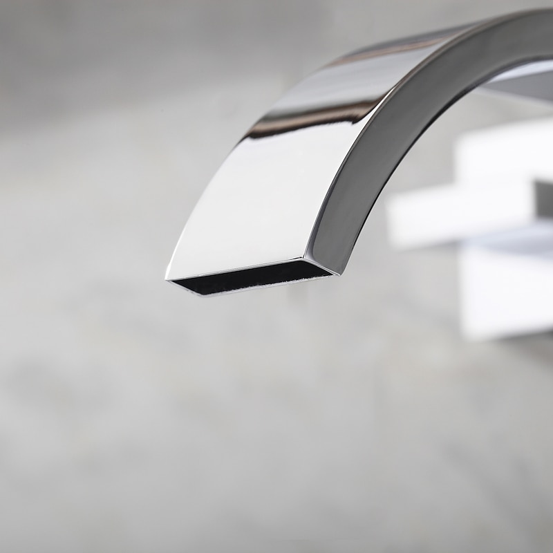 Wall Mounted Bathroom Sink FaucetSilvery Widespread Chrome Two Handles Three Holes Bath Taps with Hot and Cold Water2