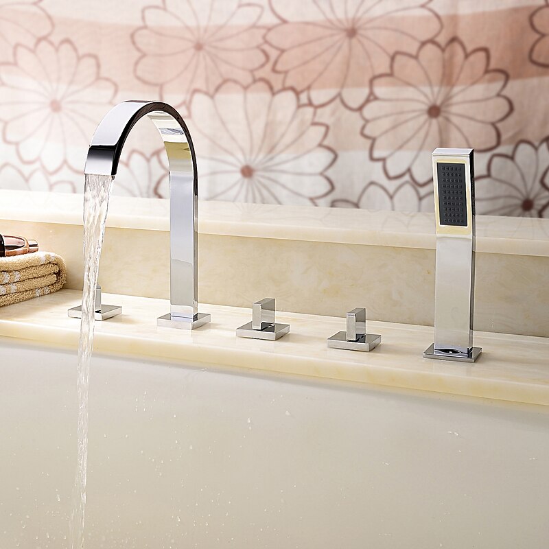 Bathtub Faucet Deck Mounted, Bathroom Faucet Bath Roman Tub Filler Mixer Tap Brass with Handheld, 5 Hole 3 Handle Sprayer with Cold Hot Water Hose4