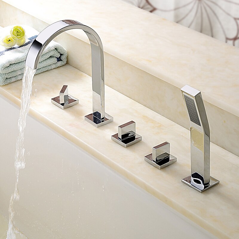 Bathtub Faucet Deck Mounted, Bathroom Faucet Bath Roman Tub Filler Mixer Tap Brass with Handheld, 5 Hole 3 Handle Sprayer with Cold Hot Water Hose2