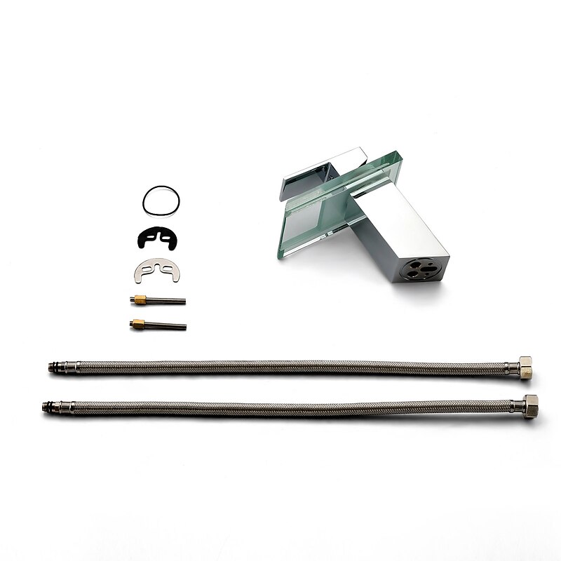 Bathroom Sink Mixer Faucet with Glass Waterfall Spout Chrome Finish Deck Mounted, Vessel Sink Basin Tap Vanity Bathtub Mixer Taps3