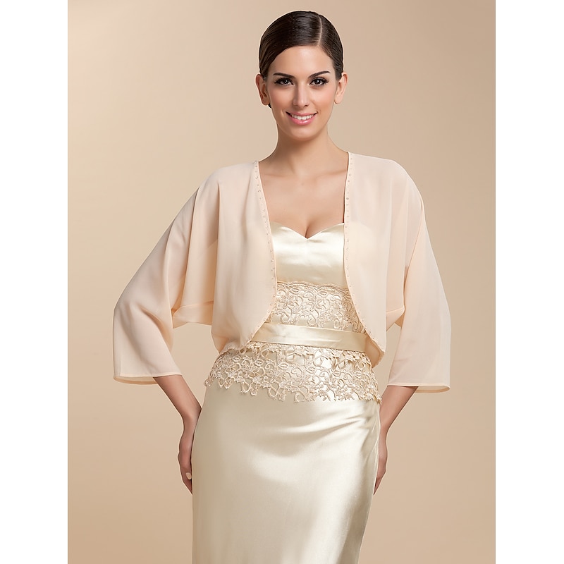 Women's Wrap Bolero Shrug Coats / Jackets Sun Protection 3/4 Length Sleeve Dolman Sleeve Chiffon Wedding Wraps With Beading For Party Evening Fall dress to impress2