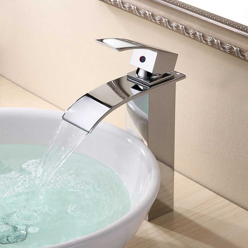 Waterfall Bathroom Sink Mixer Faucet Tall, Modern Style Brass Basin Taps Chrome Vessel Single Handle One Hole Bath Taps with Cold and Hot Water Hose3