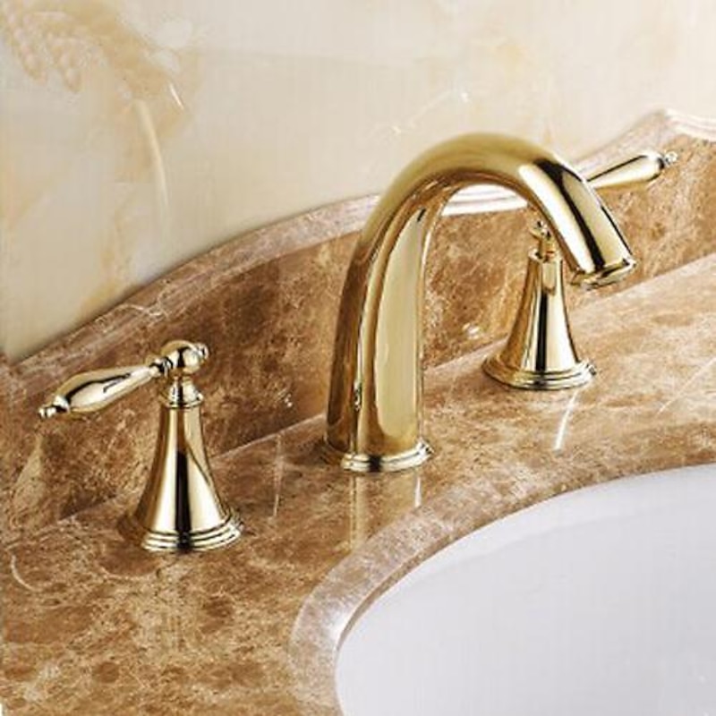 Brass Bathroom Sink Faucet,Widespread Two Handles Three Holes Bathroom Faucet with Valve and Hot/Cold Switch2
