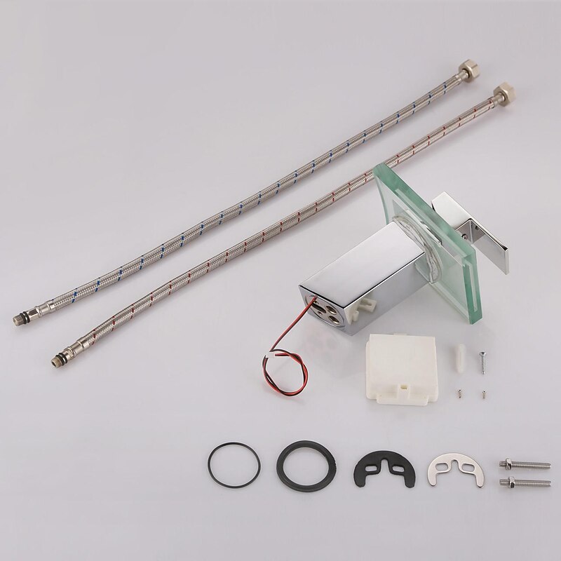 LED Bathroom Sink Faucet,Brass Waterfall 3-color Temperature Controlled Glass Spout Contemporary Style Chrome Finish Single Handle One Hole with Hot and Cold Switch3