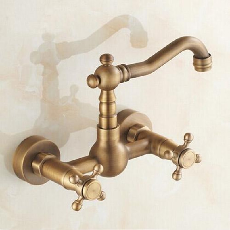 Antique Brass Kitchen Faucet,Wall Mounted Standard Spout Two Handles Two Holes Traditional Widespread Kitchen Taps  with Hot and Cold Switch and Ceramic Valve4