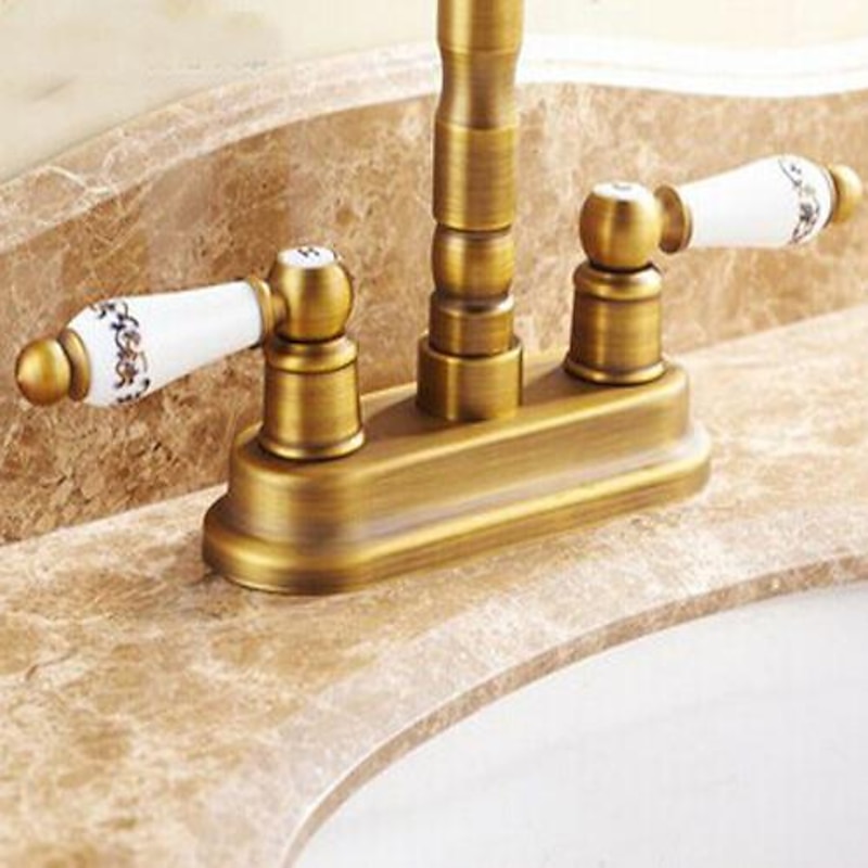 Antique Brass Bathroom Sink Faucet,Centerset Centerset Two Handles Two HolesBath Taps with Hot and Cold Switch3