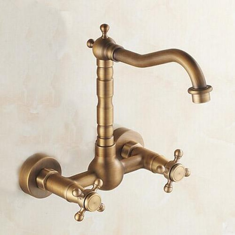 Vintage Kitchen Sink Mixer Faucet Wall Mounted, 360 Swivel Spout Retro Style Brass 2 Handle 2 Hole Vessel Taps, Traditional Kitchen Taps with Hot and Cold Water Hose2