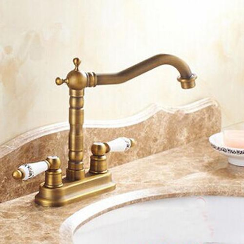 Antique Brass Bathroom Sink Faucet,Centerset Centerset Two Handles Two HolesBath Taps with Hot and Cold Switch2