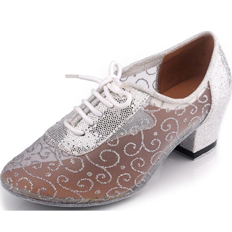 Women's Lace-Up Mesh Latin Dance Shoes with Low Chunky Heel – Breathable Performance Ballroom Practice Shoes for Beginners and Professionals3