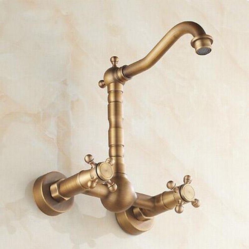 Vintage Kitchen Sink Mixer Faucet Wall Mounted, 360 Swivel Spout Retro Style Brass 2 Handle 2 Hole Vessel Taps, Traditional Kitchen Taps with Hot and Cold Water Hose3