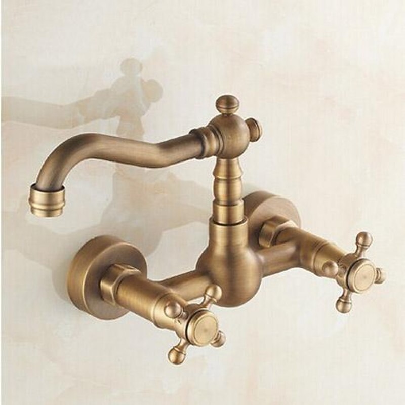Antique Brass Kitchen Faucet,Wall Mounted Standard Spout Two Handles Two Holes Traditional Widespread Kitchen Taps  with Hot and Cold Switch and Ceramic Valve3