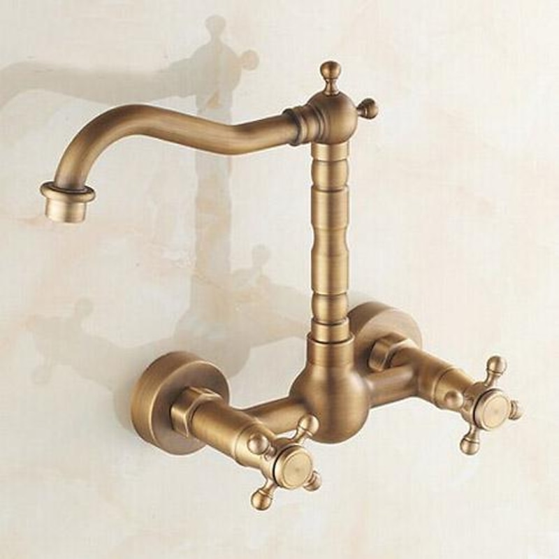 Vintage Kitchen Sink Mixer Faucet Wall Mounted, 360 Swivel Spout Retro Style Brass 2 Handle 2 Hole Vessel Taps, Traditional Kitchen Taps with Hot and Cold Water Hose4