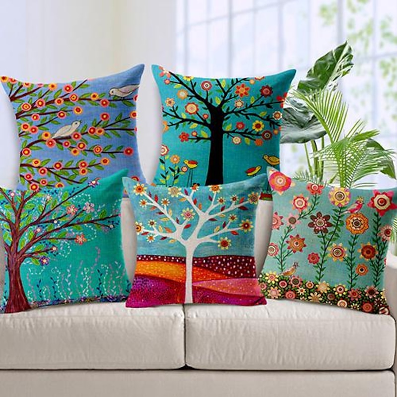 Set of 5 Throw Pillow Case Pastrol Oil Painting Style Cushion Cover Home Sofa Faux Linen Cushion for Sofa Couch Bed Chair