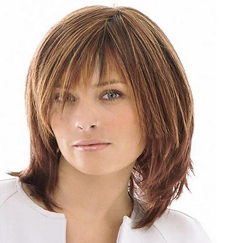 Brown Wigs for Women Synthetic Wig Straight Wig with Bangs Medium Length Light Brown Wigs Daily Wigs