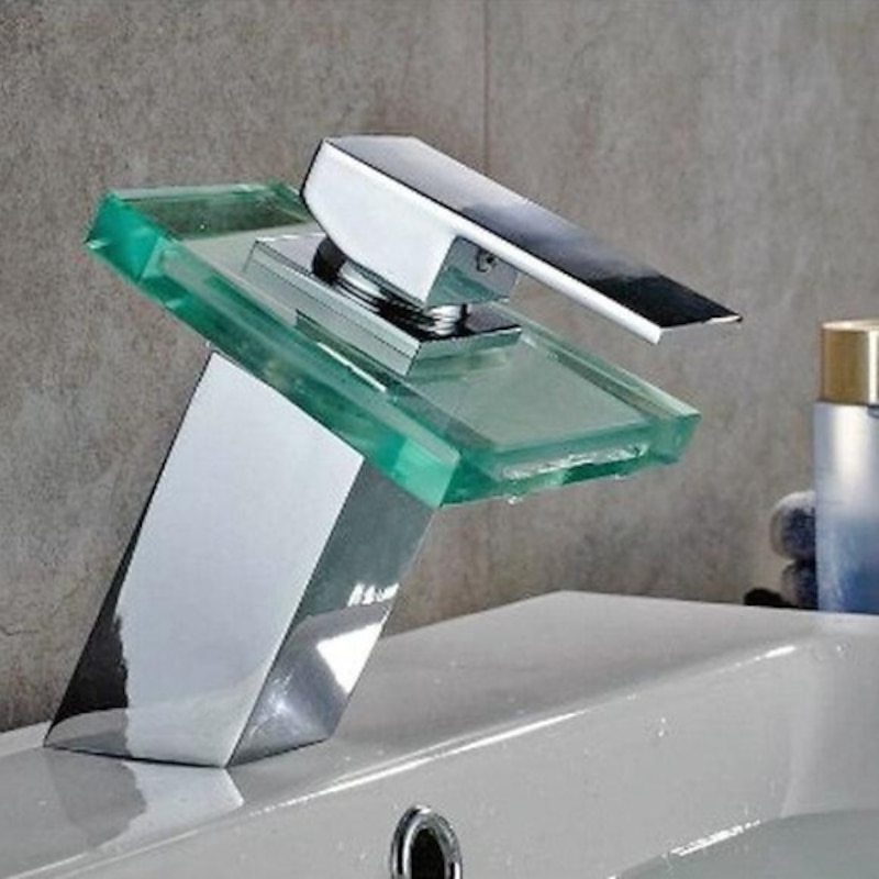 Waterfall Bathroom Sink Mixer Faucet Chrome, Led Faucet Lights Color Changing Battery Powered, Single Hole Single Handle Basin Taps, Brass Washroom Facuet with Glass Spout4