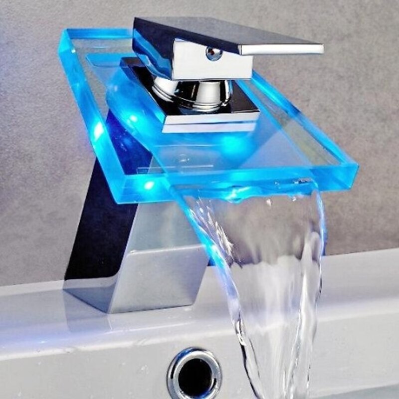 Waterfall Bathroom Sink Mixer Faucet Chrome, Led Faucet Lights Color Changing Battery Powered, Single Hole Single Handle Basin Taps, Brass Washroom Facuet with Glass Spout2