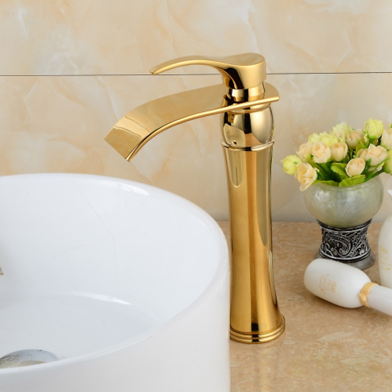 Brass Bathroom Sink Faucet,Waterfall Ti-PVD Widespread Single Handle One Hole Bath Taps with Hot and Cold Switch and Ceramic Valve3