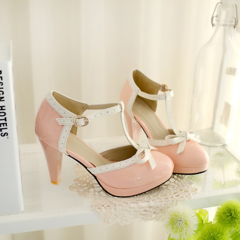 Women's Black Patent Leather T-Strap High Heels with White Trim and Bowknot Decoration - Classic Retro Style for Special Occasions 12