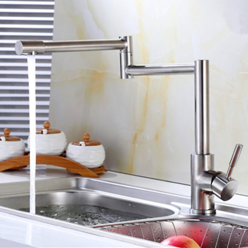 Kitchen Faucet,Modern Style Stainless Steel Single Handle One Hole Nickel Brushed Pot Filler Deck Mounted Retro Kitchen Taps With Hot and Cold Water2