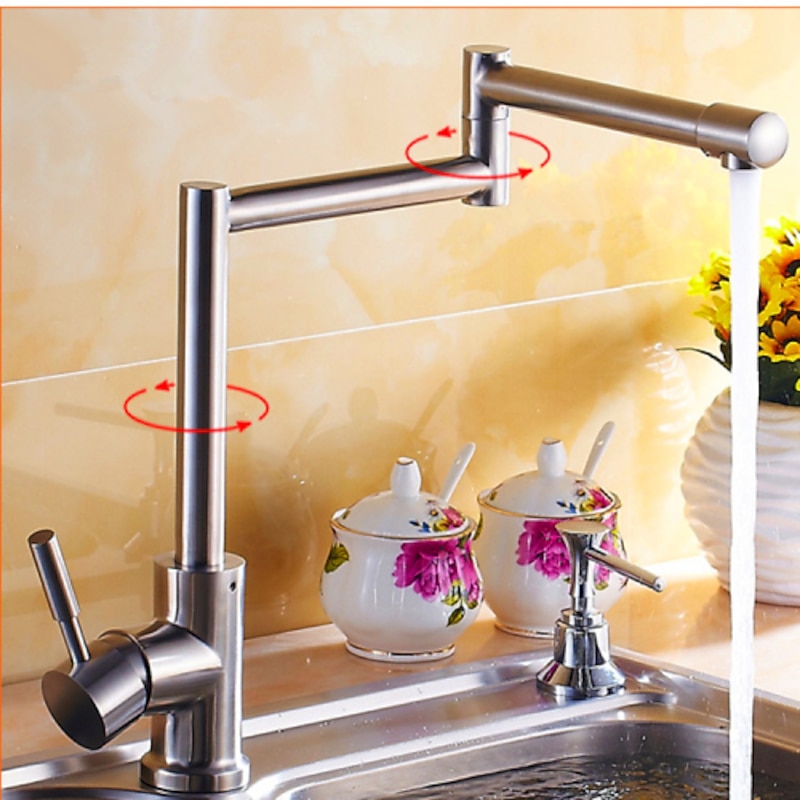 Kitchen Faucet,Modern Style Stainless Steel Single Handle One Hole Nickel Brushed Pot Filler Deck Mounted Retro Kitchen Taps With Hot and Cold Water3