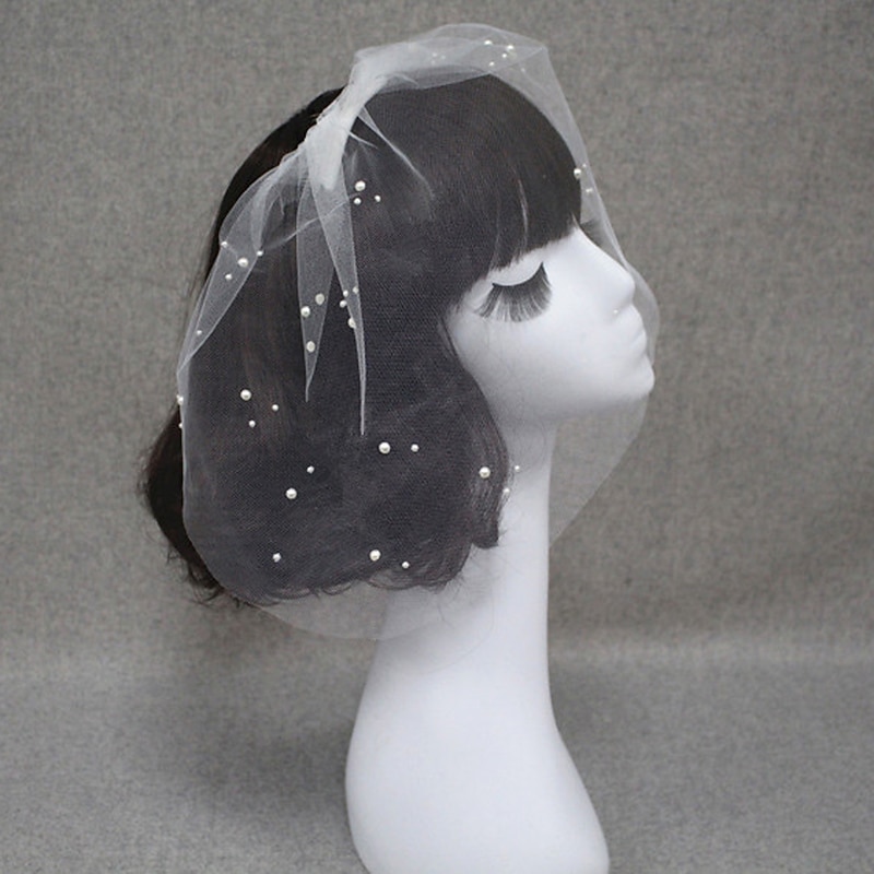 One-tier Cut Edge Wedding Veil Blusher Veils / Veils for Short Hair / Birdcage Veils with Pearl Tulle3