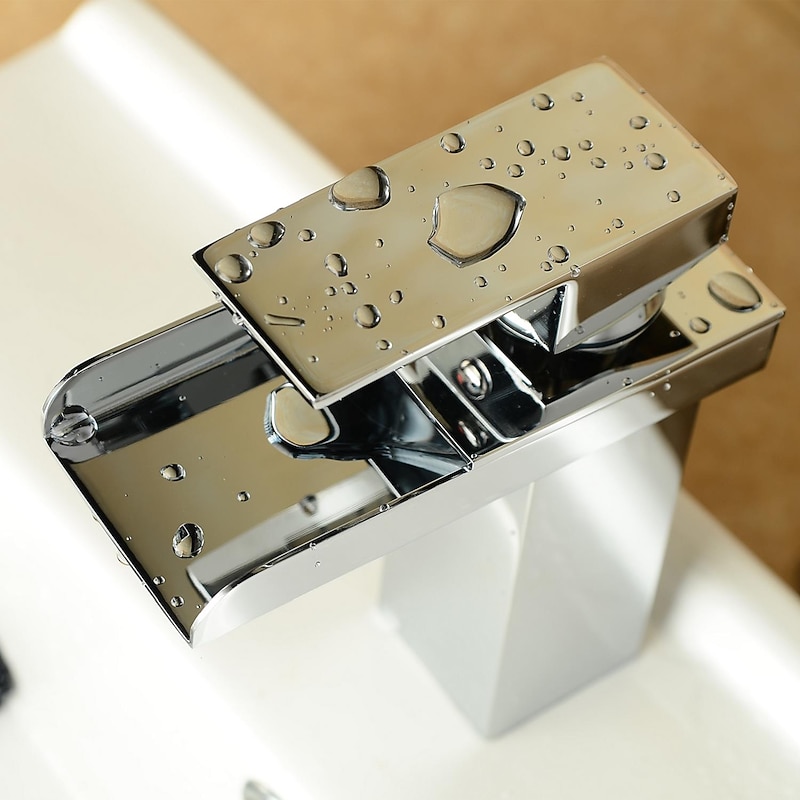 Bathroom Sink Mixer Faucet Waterfall, Modern Style Single Handle One Hole Chrome Centerset Washroom Basin Taps Brass Adjustable Cold Hot Water Hose2