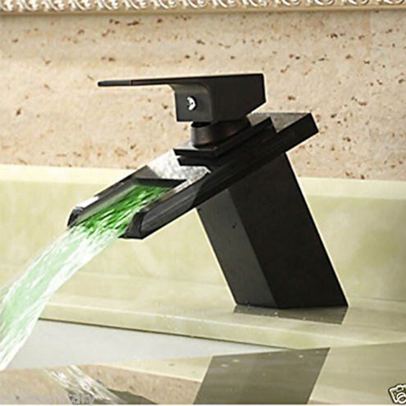 Single Handle Bathroom Faucet Oil-rubbed Bronze with 3-color LED Waterfall Brass Basin Sink Faucet Black Adjustable to Cold and Hot Water2