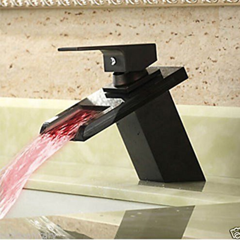 Single Handle Bathroom Faucet Oil-rubbed Bronze with 3-color LED Waterfall Brass Basin Sink Faucet Black Adjustable to Cold and Hot Water4