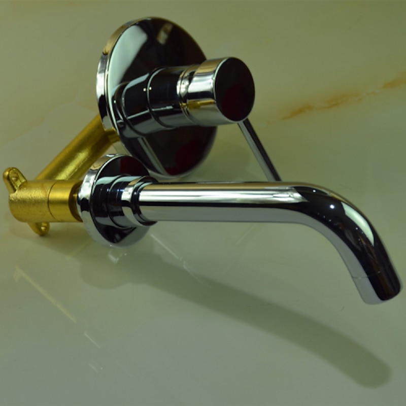 Brass Bathroom Sink Faucet,Silvery Wall Mount Chrome Single Handle Two Holes Bath Taps with Hot and Cold Switch3