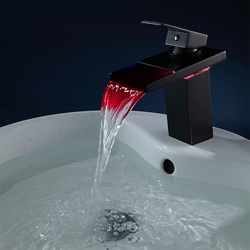 Brass Bathroom Sink Faucet,Waterfall Oil-rubbed Bronze Single Handle One Hole Water Flow LED Power Source Bath Taps with  Zinc Alloy Handle Material, Ceramic Valve,and Cold/Hot Switch2