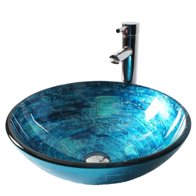 Blue Round Chrome Tempered Glass Glass Basin with Straight Tube Faucet, Basin Support and Drain3